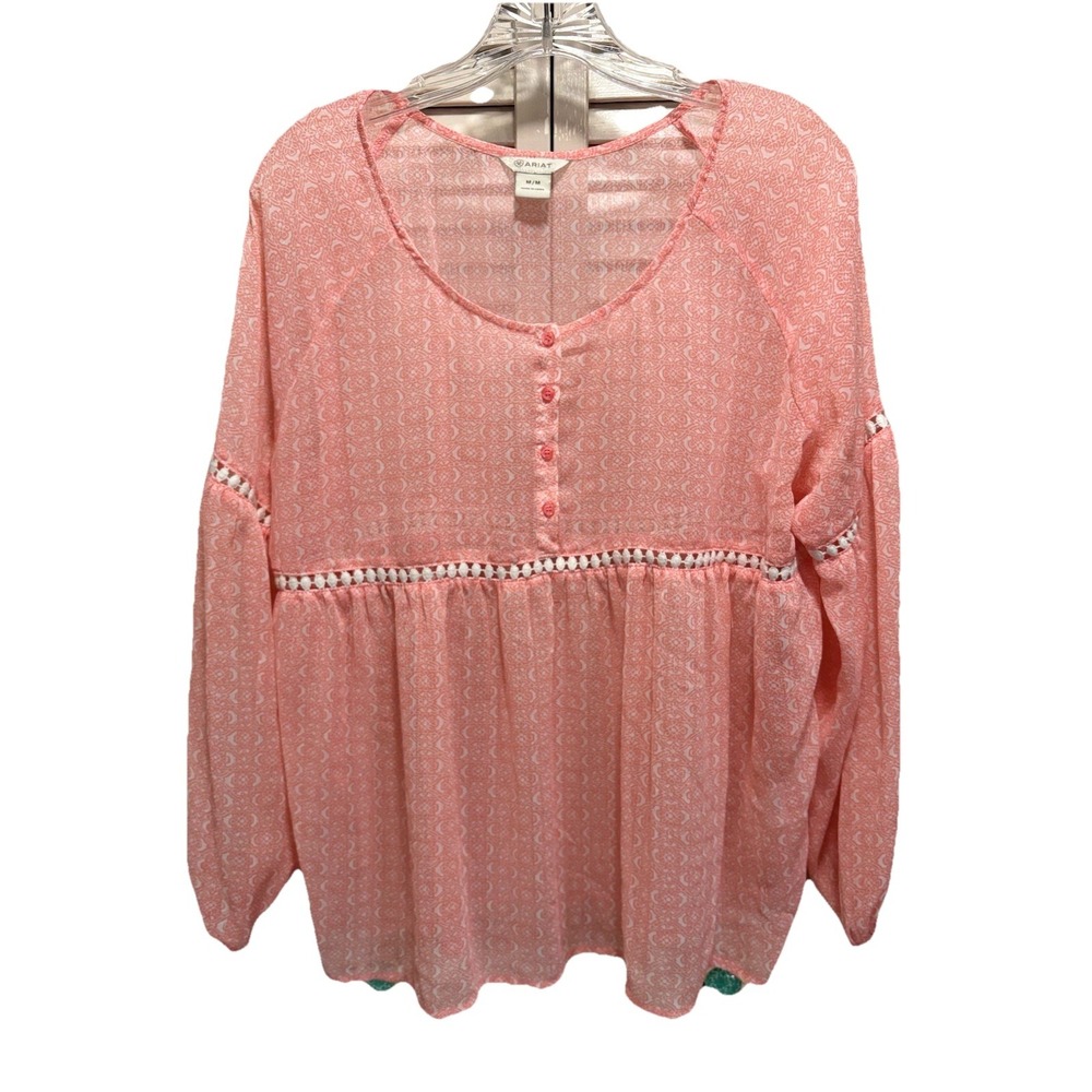 Ariat Chiffon Peach Floral Long Balloon Sleeve Button Up Blouse Size M Crochet
